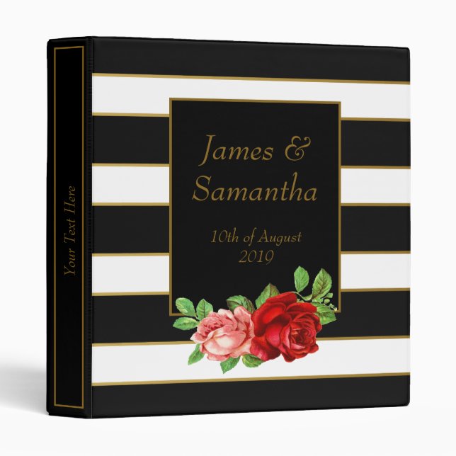 Red Rose, Black, White & Gold Stripe - 3 Ring Binder (Front/Spine)