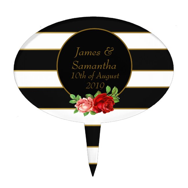 Red Rose, Black, White & Gold Stripe - Cake Topper