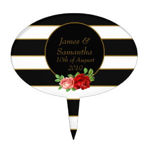 Red Rose, Black, White & Gold Stripe - Cake Topper
