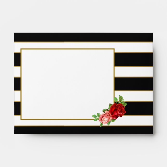 Red Rose, Black, White & Gold Stripe - Envelope (Front)
