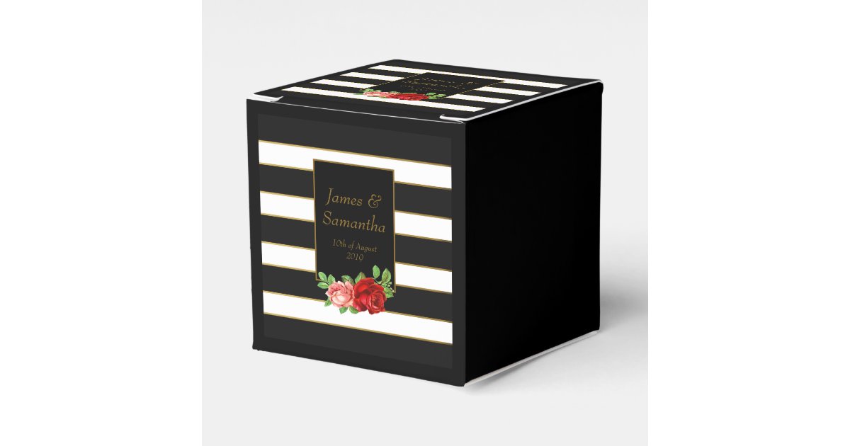 Red Rose, Black, White & Gold Stripe Favor Box