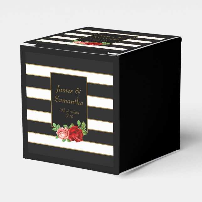 Red Rose, Black, White & Gold Stripe - Favor Boxes (Front Side)
