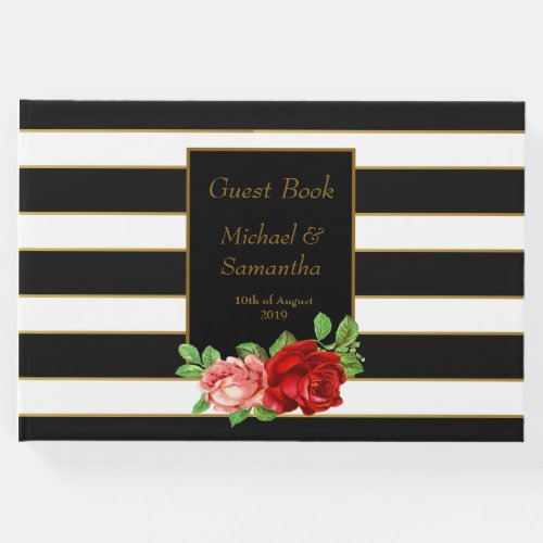 Red Rose Black White  Gold Stripe _ Guest Book