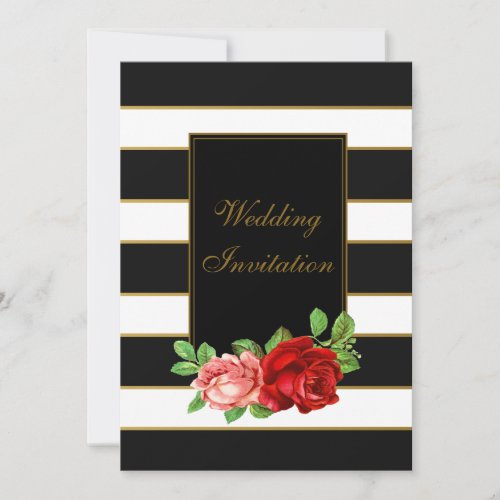 Red Rose Black White  Gold Stripe _ Invitation