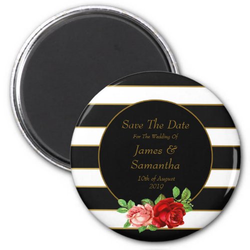 Red Rose Black White  Gold Stripe _ Magnet