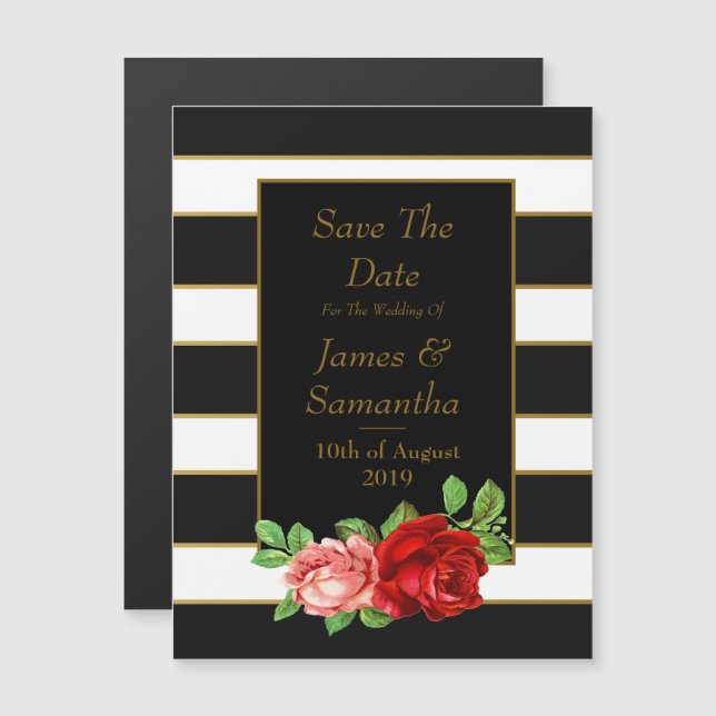 Red Rose, Black, White & Gold Stripe - Magnetic Invitation (Front/Back)