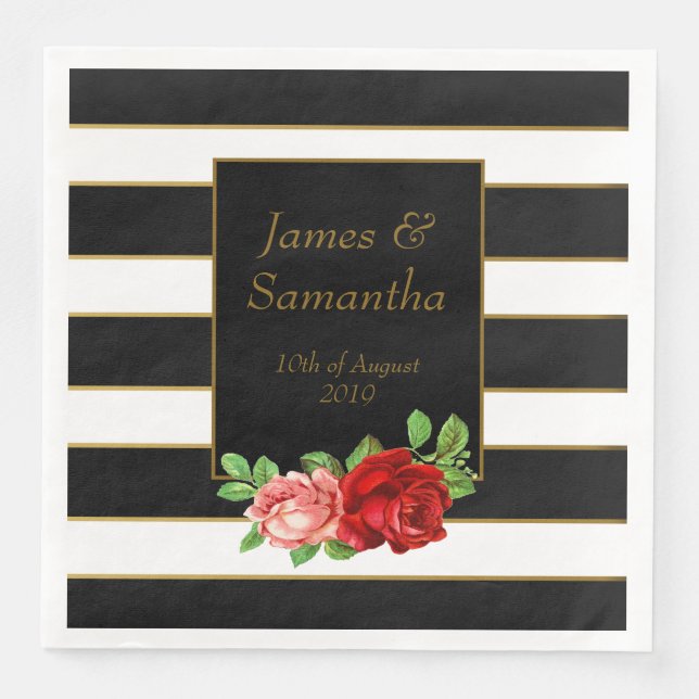 Red Rose, Black, White & Gold Stripe - Paper Dinner Napkins (Front)