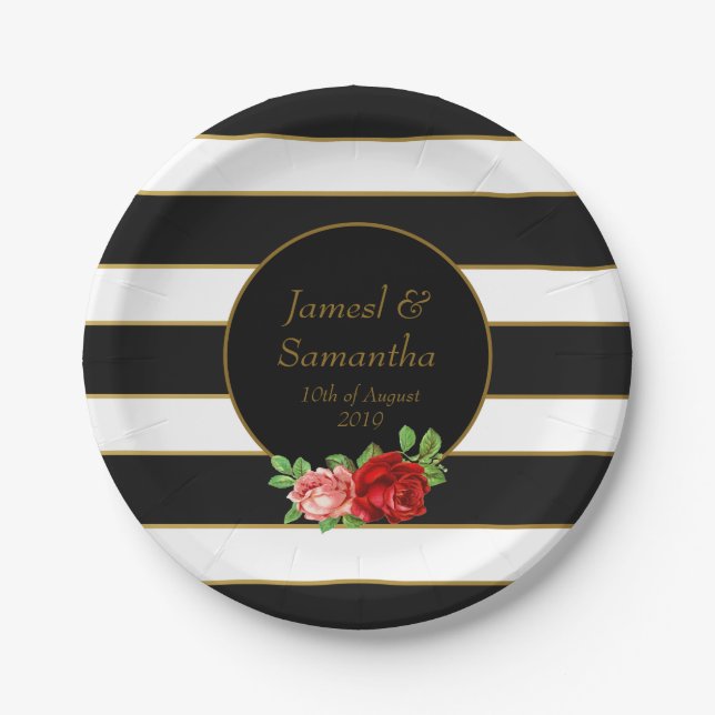 Red Rose, Black, White & Gold Stripe - Paper Plates (Front)