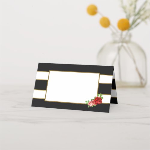 Red Rose Black White  Gold Stripe _ Place Card