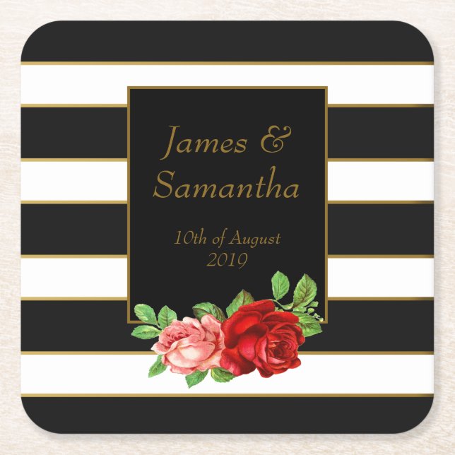 Red Rose, Black, White & Gold Stripe - Square Paper Coaster (Front)
