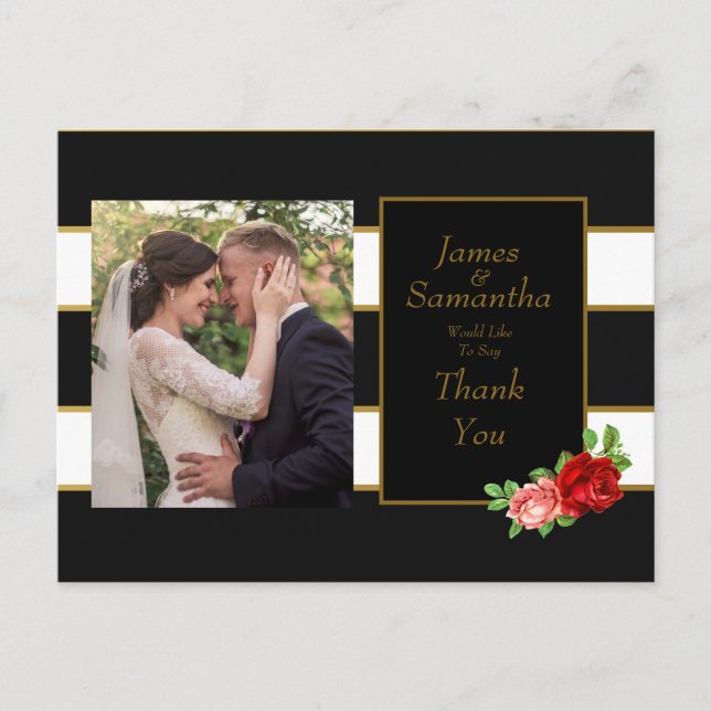 Red Rose, Black,White & Gold Stripe - Thank You Postcard (Front)