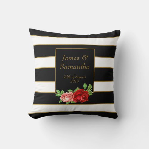 Red Rose Black White  Gold Stripe _ Throw Pillow