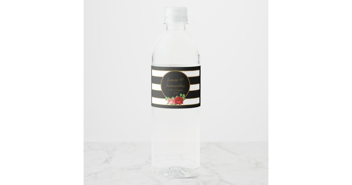 Red Rose, Black, White & Gold Stripe - Water Bottle Label ...