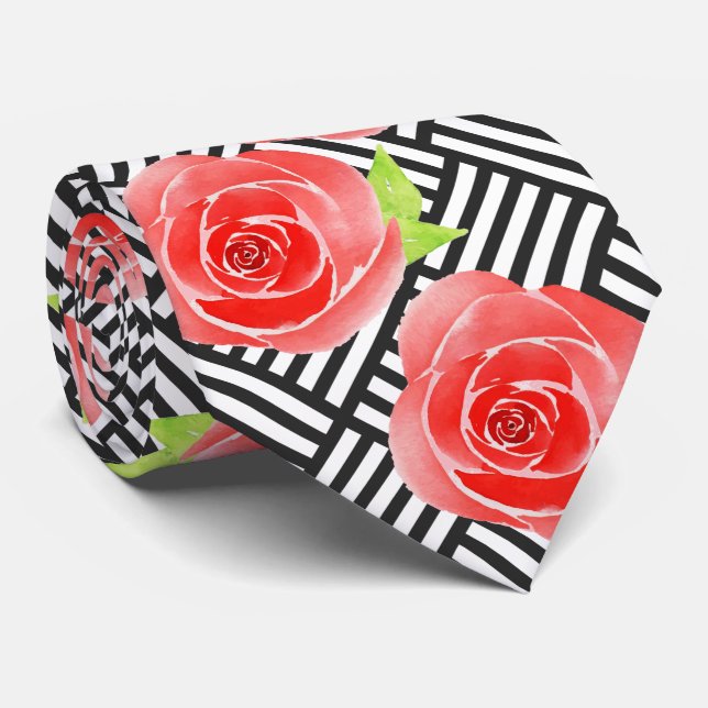 Red Rose Black White Stripes Derby Neck Tie (Rolled)