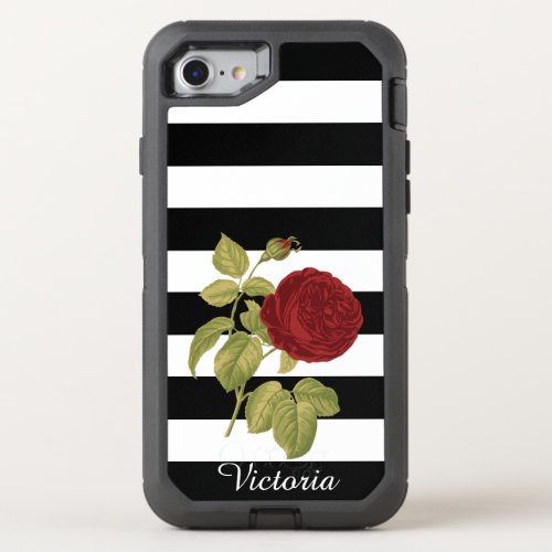 Red Rose Black White Stripes Floral  Add Name OtterBox Defender iPhone SE87 Case