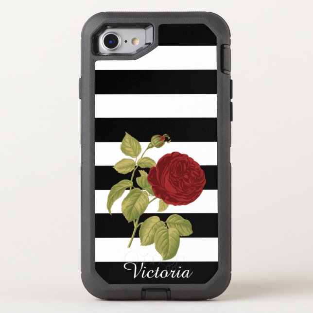 Red Rose Black White Stripes Floral | Add Name Otterbox iPhone Case (Back)