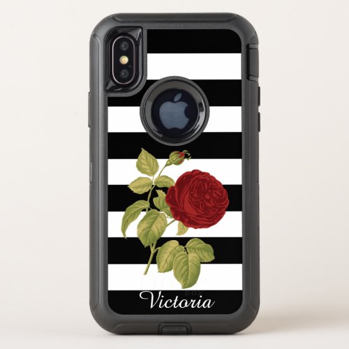 Red Rose Black White Stripes Floral  Add Name OtterBox Defender iPhone X Case