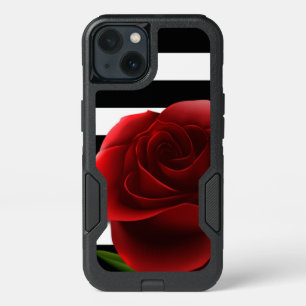 Red Rose & Black White Stripes iPhone 13 Case