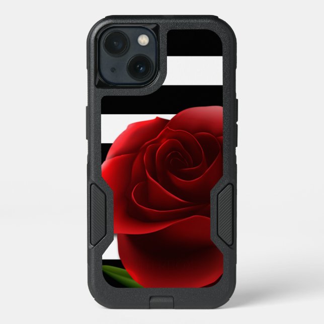 Red Rose & Black White Stripes Otterbox iPhone Case (Back)