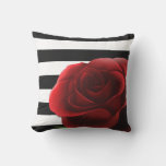 Red Rose &amp; Black White Stripes Outdoor Pillow at Zazzle