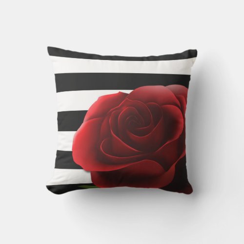 Red Rose  Black White Stripes Outdoor Pillow