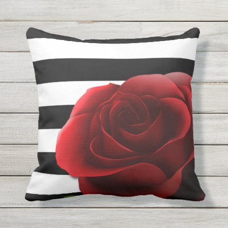 Red Rose & Black White Stripes Outdoor Pillow