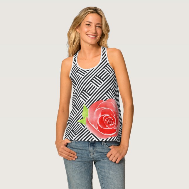 Red Rose Black White Stripes Tank Top (Front Full)