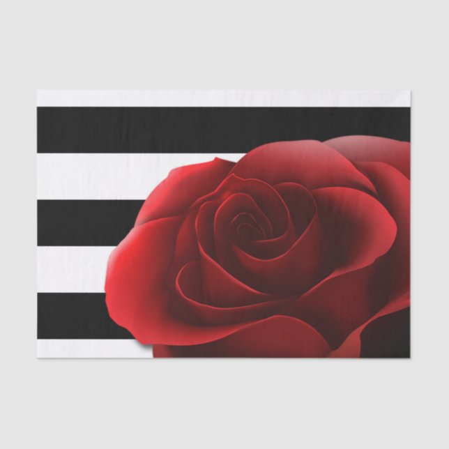 Red Rose & Black White Stripes Tissue Paper (Front)