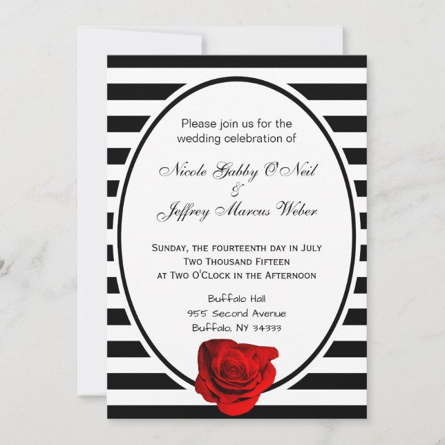 Red Rose Black & White Stripes Wedding Invitation (Front)