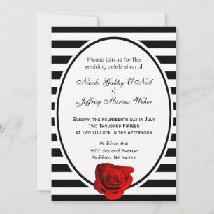 Red Rose Black & White Stripes Wedding Invitation