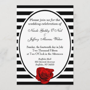 Red Rose Black & White Stripes Wedding Invitation