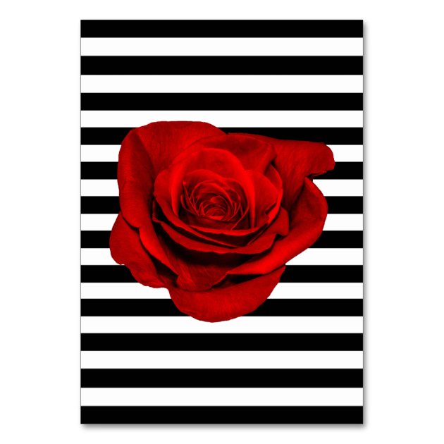 Red Rose Black & White Stripes Wedding Table Card