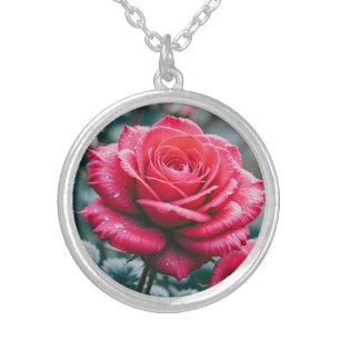 Red Rose Bloom Flower Picture Silver Plated Necklace