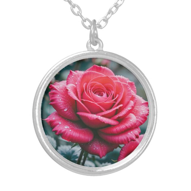 Red Rose Bloom Flower Picture Silver Plated Necklace (Front)