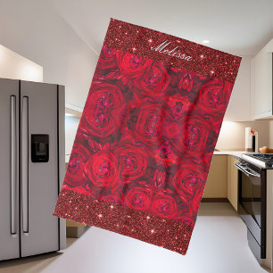 Red rose blossoms with dewdrops - photography kitchen towel