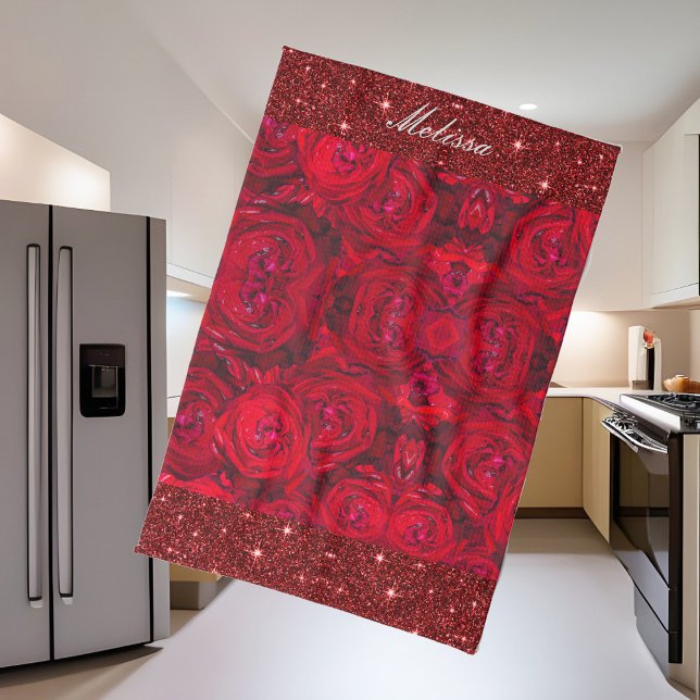 Red rose blossoms with dewdrops - photography kitchen towel (Creator Uploaded)