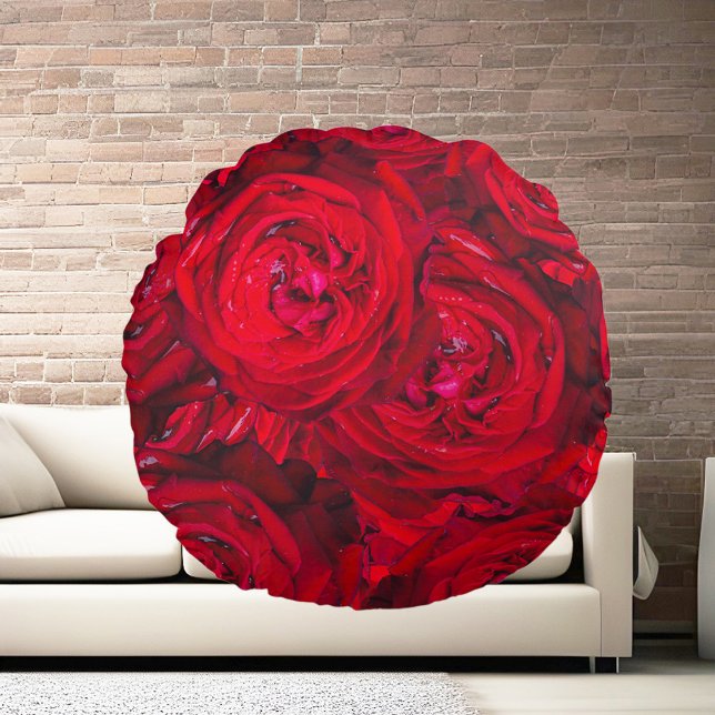 Red rose blossoms with dewdrops - photography round pillow (Creator Uploaded)