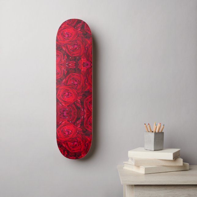 Red rose blossoms with dewdrops - photography skateboard (Wall Art)