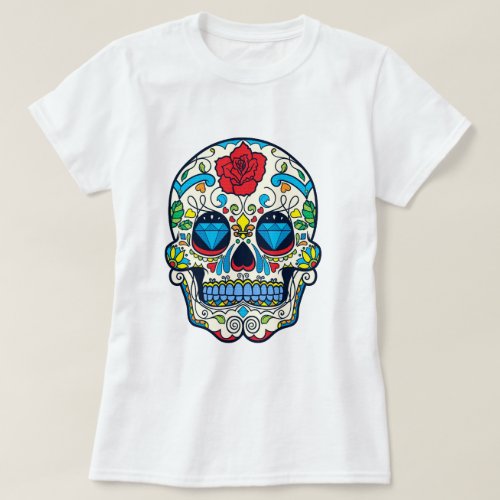 Red Rose Blue Diamonds Sugar Skull T_Shirt