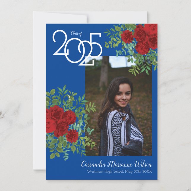 Red Rose Blue Photo Graduation Announcement (Front)