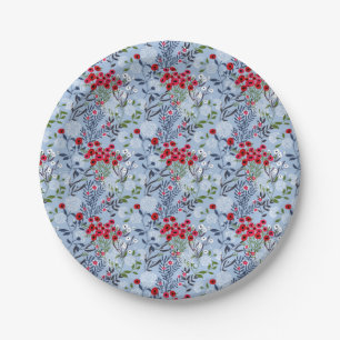 Red Rose Blue White Blossom Paper Plates