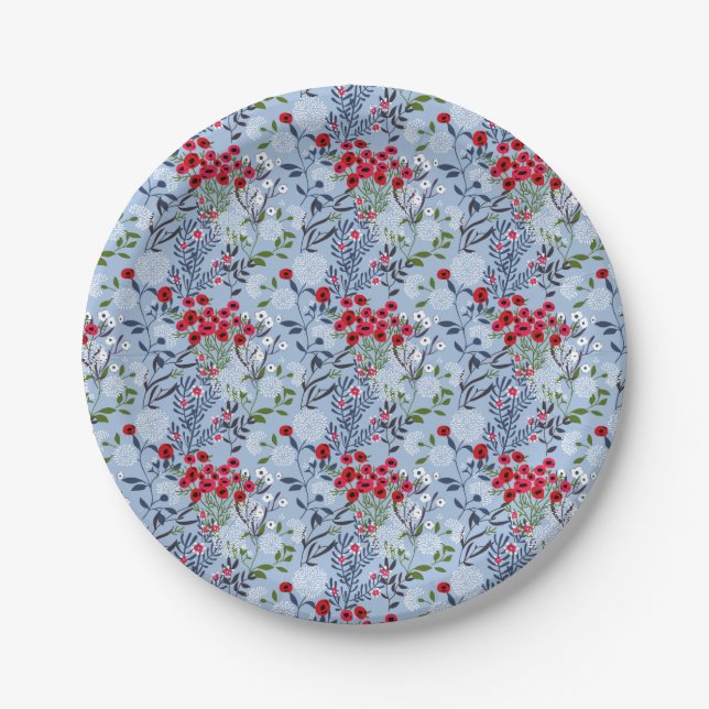 Red Rose Blue White Blossom Paper Plates (Front)