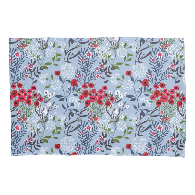 Red Rose Blue White Blossom Pillow Case (Front)