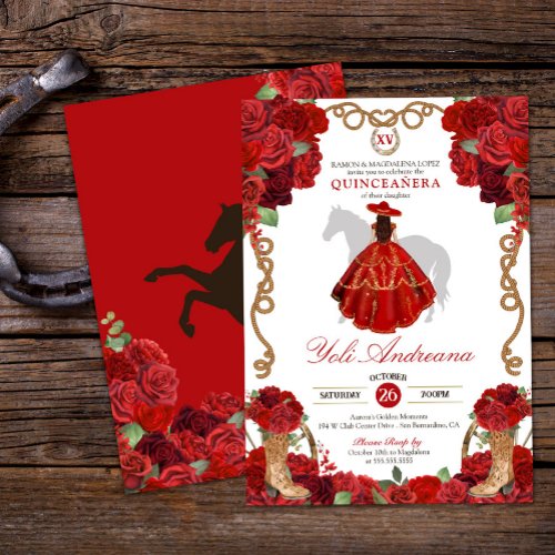 Red Rose Boots Western Charra Vestidos Quinceaera Invitation