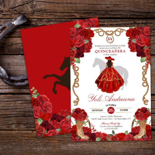 Red Rose Boots Western Charro Vestidos Quinceaera Invitation