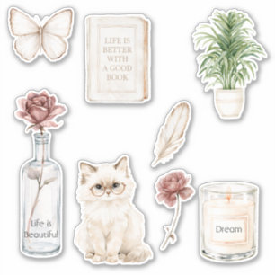 Red Rose Bottle Butterfly Cat Candle Book Feather  Sticker