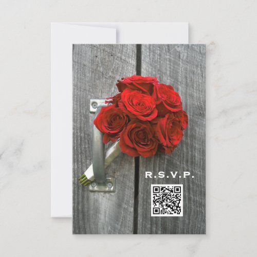 Red Rose Bouquet  Barn Wood Wedding QR Code RSVP Card