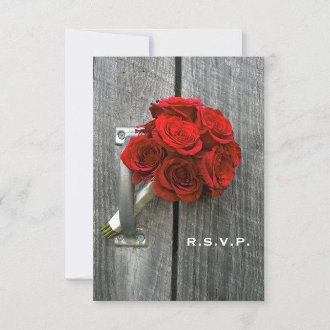 Red Rose Bouquet & Barn Wood Wedding RSVP (Front)