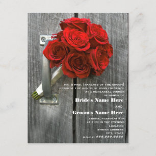 Red Rose Bouquet Barnwood Rehearsal Dinner Invite