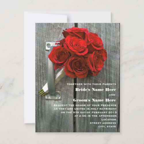 Red Rose Bouquet &amp; Barnwood Wedding Invitation